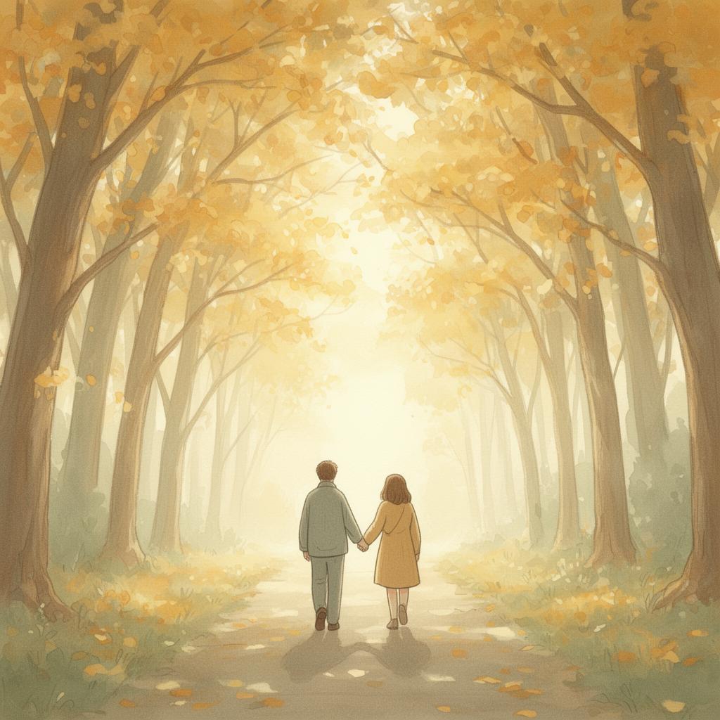A couple walking hand in hand down a sunlit autumn path